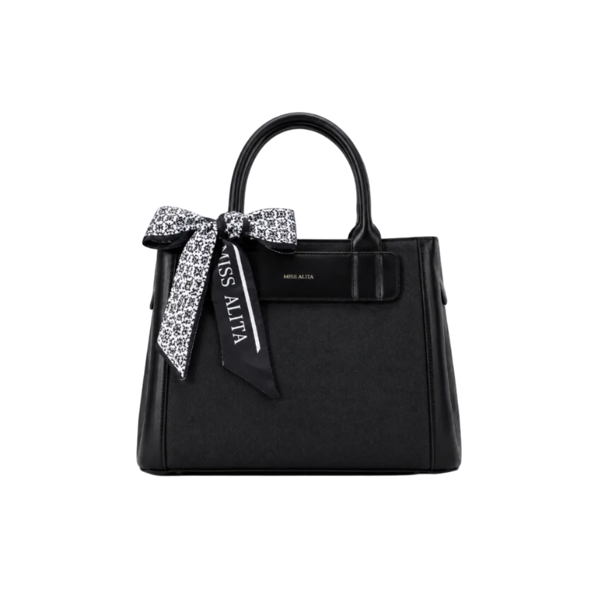 MISS ALITA black structured tote handbag with textured body, decorative black and white silk scarf on the handle, elegant top handles, and minimalist everyday design.