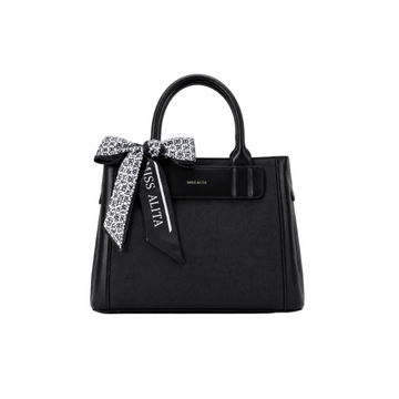 MISS ALITA black structured tote handbag with textured body, decorative black and white silk scarf on the handle, elegant top handles, and minimalist everyday design.
