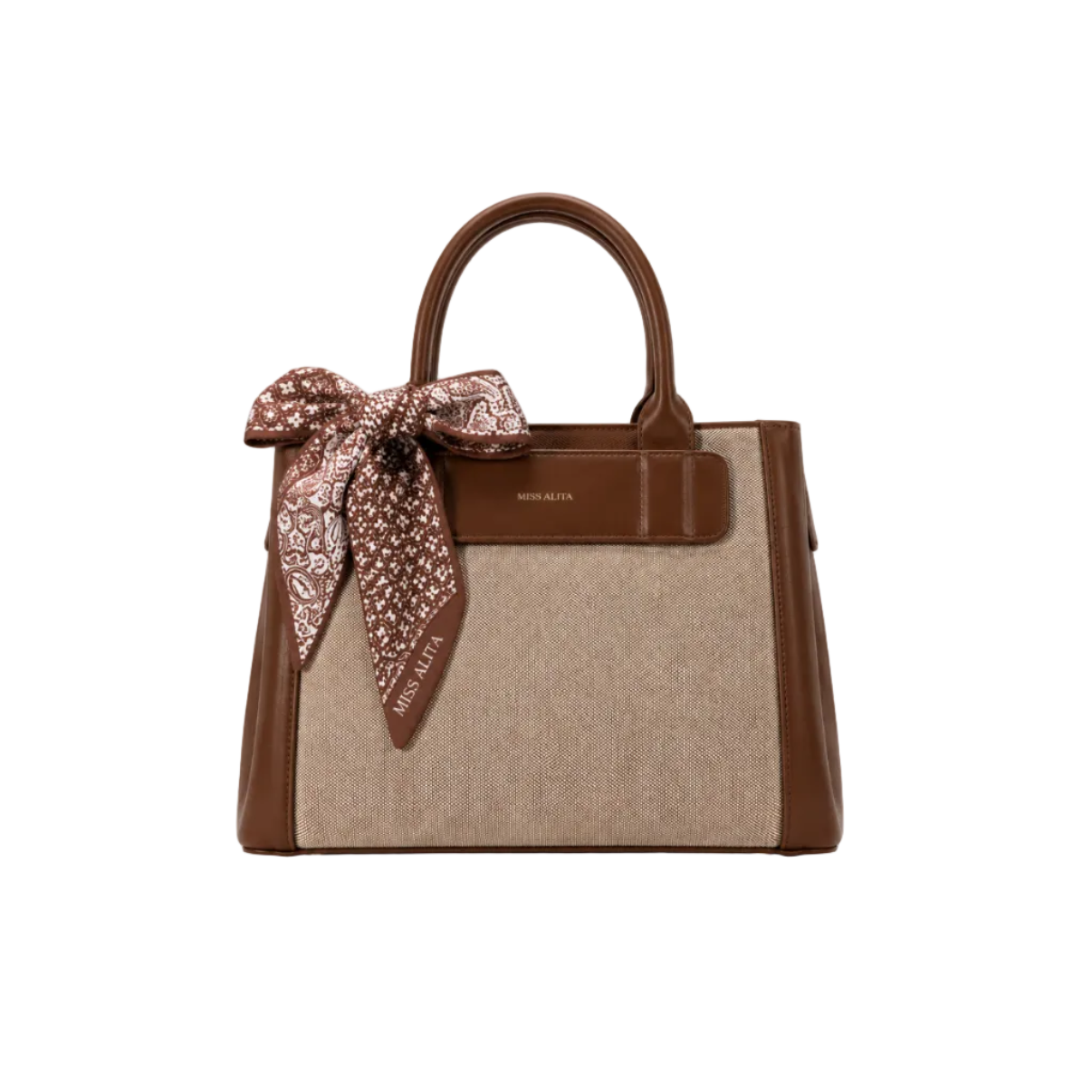 MISS ALITA brown structured tote handbag with textured fabric body, decorative printed silk scarf tied to the handle, elegant top handles, and spacious everyday design.