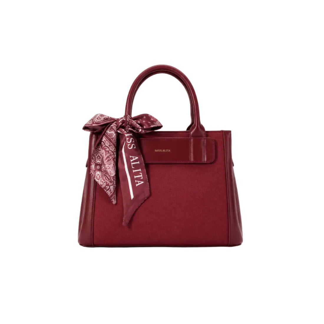 MISS ALITA burgundy structured tote handbag with textured body, decorative silk scarf tied to the handle, top handles, and elegant minimalist design for everyday and office use.