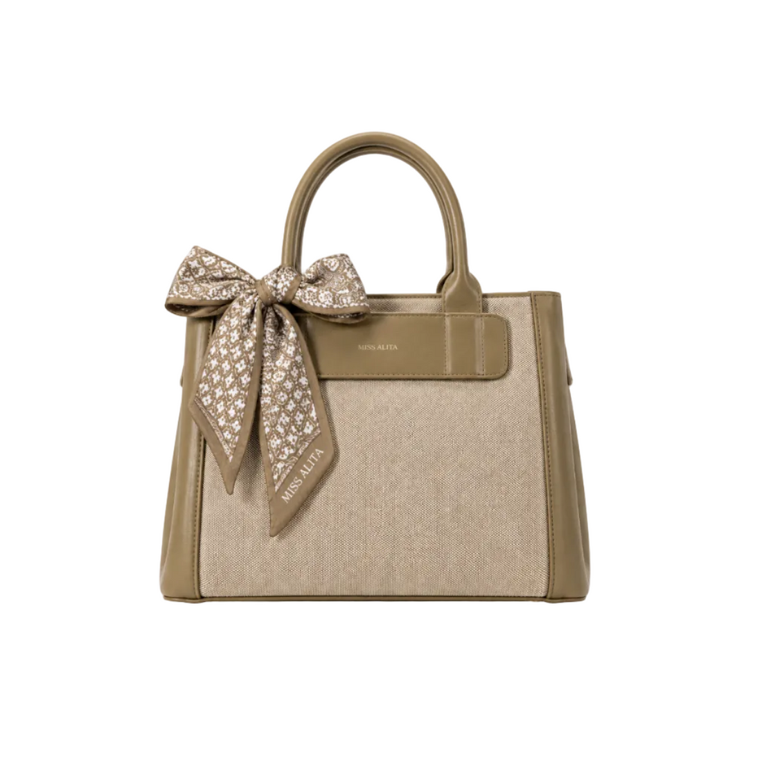 MISS ALITA khaki structured tote handbag with textured fabric body, decorative printed silk scarf tied to the handle, elegant top handles, and spacious everyday design.