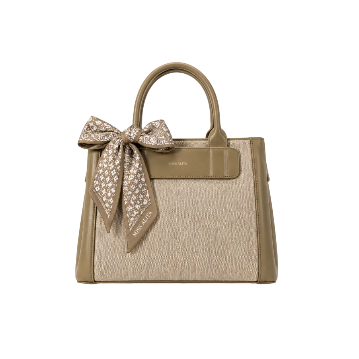 MISS ALITA khaki structured tote handbag with textured fabric body, decorative printed silk scarf tied to the handle, elegant top handles, and spacious everyday design.