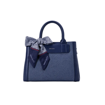 MISS ALITA navy blue structured tote handbag with textured fabric body, decorative geometric silk scarf tied to the handle, elegant top handles, and classic everyday design.