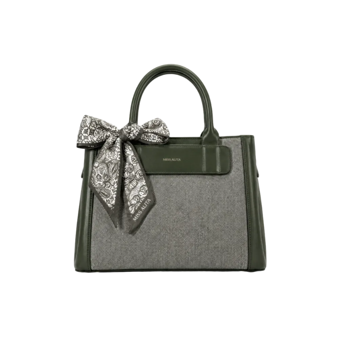 MISS ALITA olive green structured tote handbag with textured fabric body, decorative paisley silk scarf tied to the handle, elegant top handles, and spacious everyday design.
