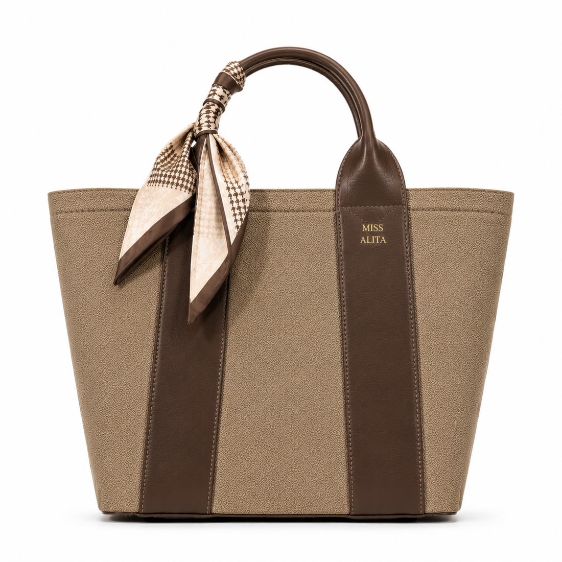 MISS ALITA dark khaki canvas tote handbag with dark brown leather trim, decorative silk scarf handle, structured design, and gold logo on a white background.