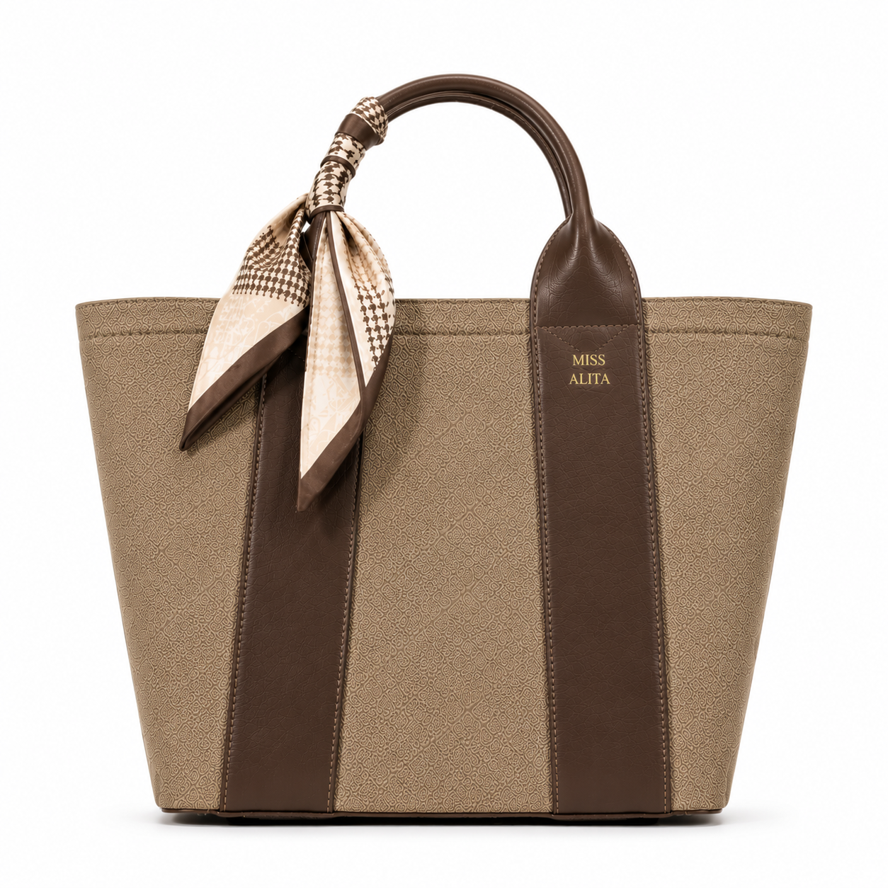 MISS ALITA dark khaki canvas tote handbag with dark brown leather trim, decorative silk scarf handle, structured design, and gold logo on a white background.