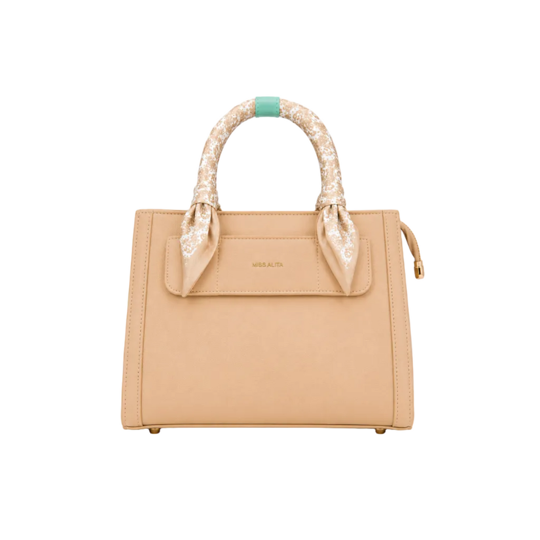 MISS ALITA apricot structured tote handbag featuring a silk-wrapped top handle, front slip pocket, gold logo, and elegant minimalist design suitable for everyday, office, and casual occasions.