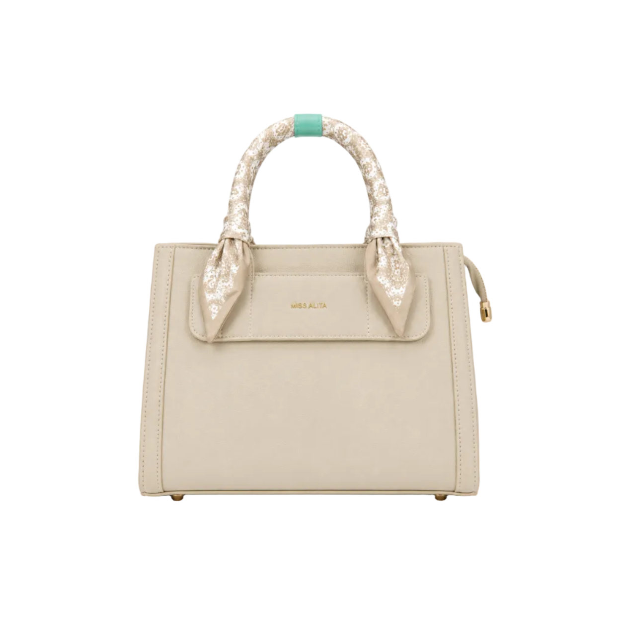MISS ALITA beige structured tote handbag featuring a silk-wrapped top handle, front slip pocket, gold logo, and elegant minimalist design suitable for everyday and office wear.