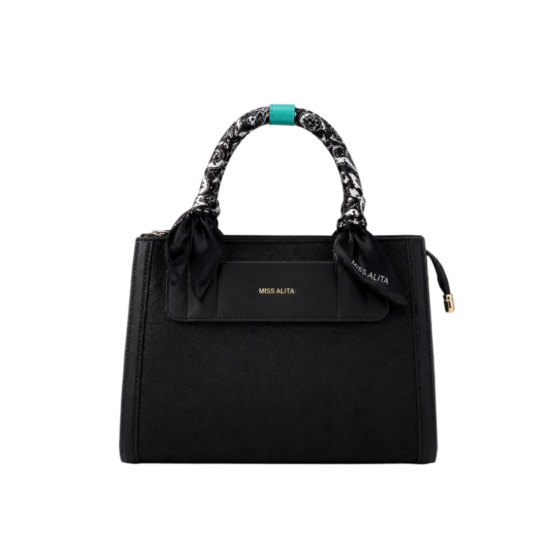 MISS ALITA black structured tote handbag featuring a silk-wrapped top handle, front slip pocket, gold logo, and elegant minimalist design for everyday use.