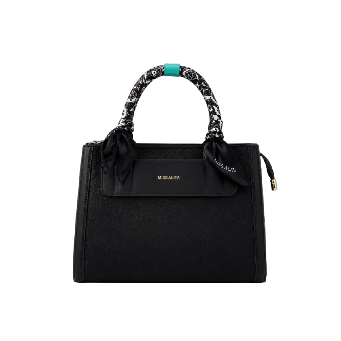 MISS ALITA black structured tote handbag featuring a silk-wrapped top handle, front slip pocket, gold logo, and elegant minimalist design for everyday use.