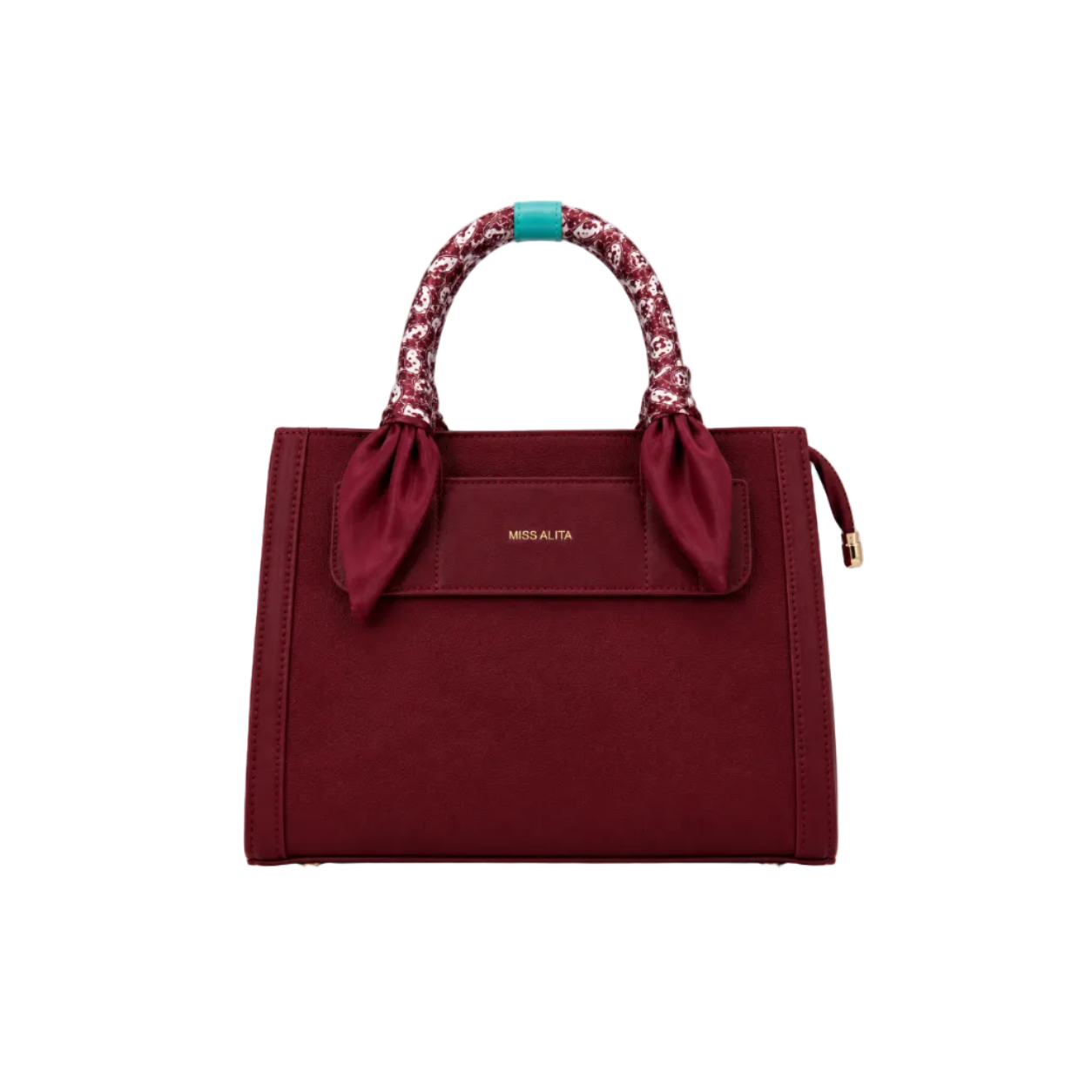 MISS ALITA burgundy structured tote handbag featuring a silk-wrapped top handle, front slip pocket, gold logo, and elegant minimalist design suitable for everyday and formal occasions.
