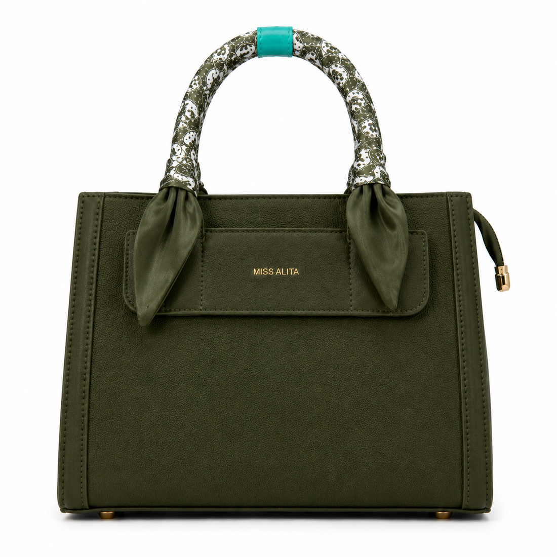 MISS ALITA olive green structured tote handbag featuring a silk-wrapped top handle, front slip pocket, gold logo, and elegant minimalist design for everyday and office use.