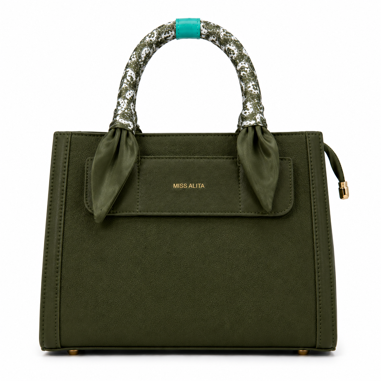 MISS ALITA olive green structured tote handbag featuring a silk-wrapped top handle, front slip pocket, gold logo, and elegant minimalist design for everyday and office use.