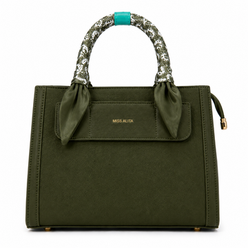 MISS ALITA olive green structured tote handbag featuring a silk-wrapped top handle, front slip pocket, gold logo, and elegant minimalist design for everyday and office use.