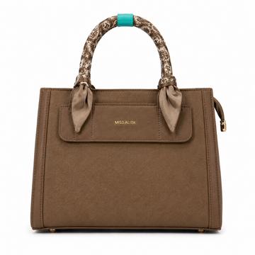 MISS ALITA taupe structured tote handbag featuring a silk-wrapped top handle, front slip pocket, gold logo, and elegant minimalist design for everyday and office wear.