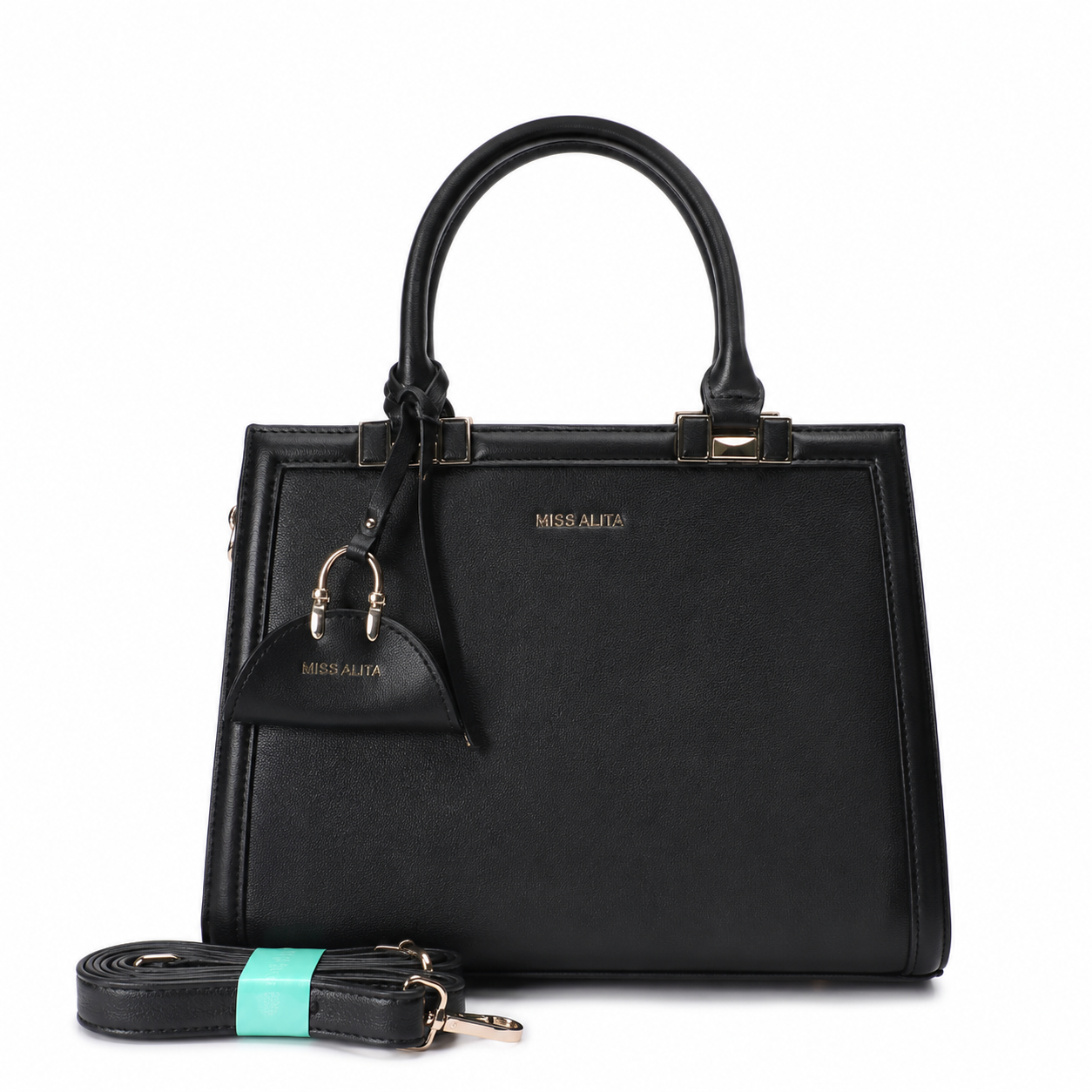 MISS ALITA black structured top handle handbag with gold-tone hardware, detachable shoulder strap, and matching charm on a white background.