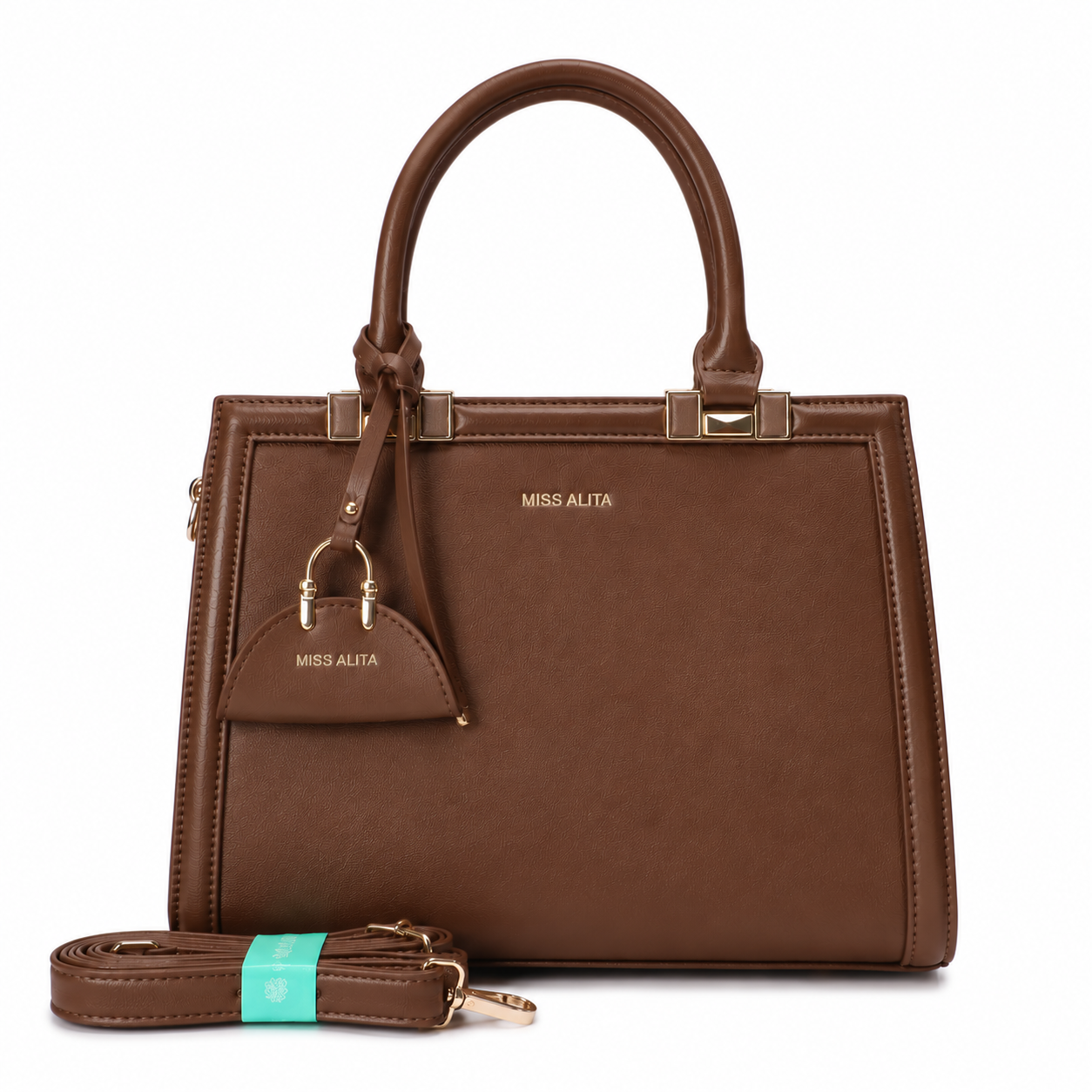 MISS ALITA brown structured top handle handbag with gold-tone hardware, detachable shoulder strap, and matching decorative charm on a white background.