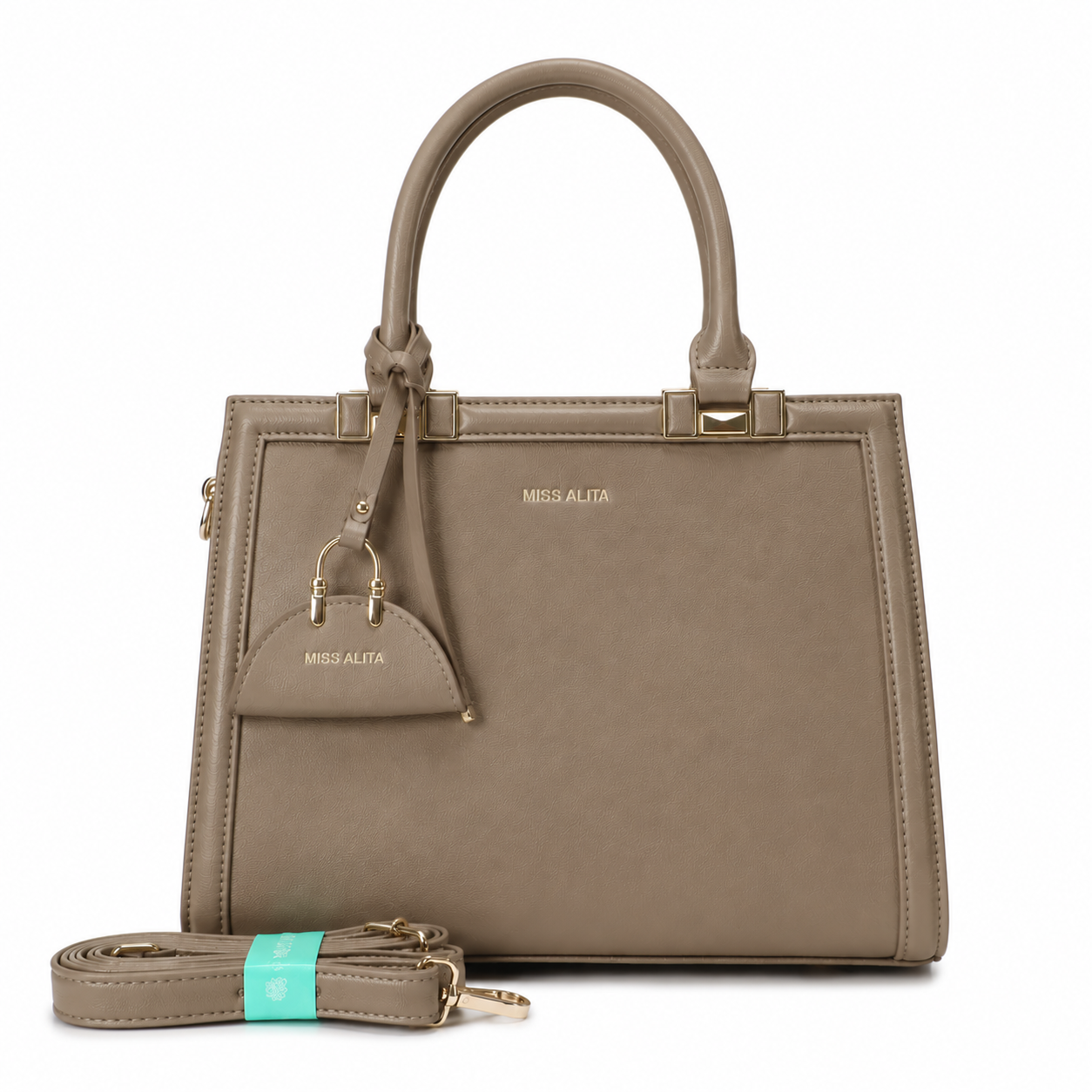 MISS ALITA taupe structured top handle handbag with gold-tone hardware, detachable shoulder strap, and matching decorative charm on a white background.