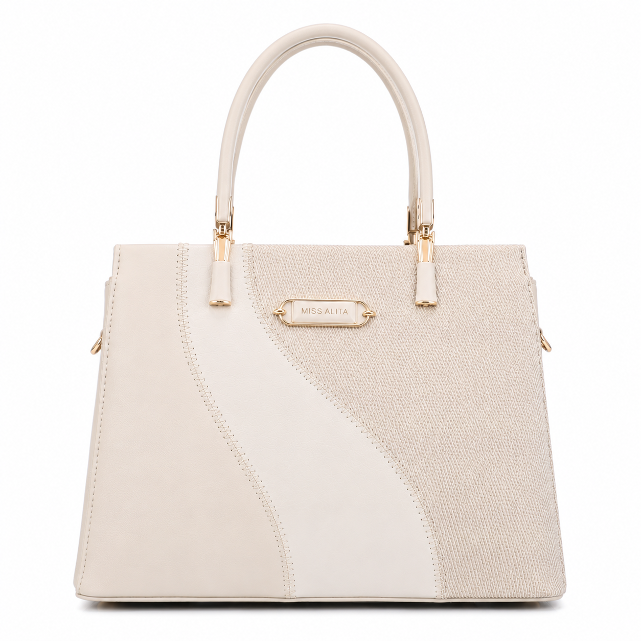 MISS ALITA beige structured tote handbag with textured fabric panel, gold-tone hardware, and dual top handles on a white background.