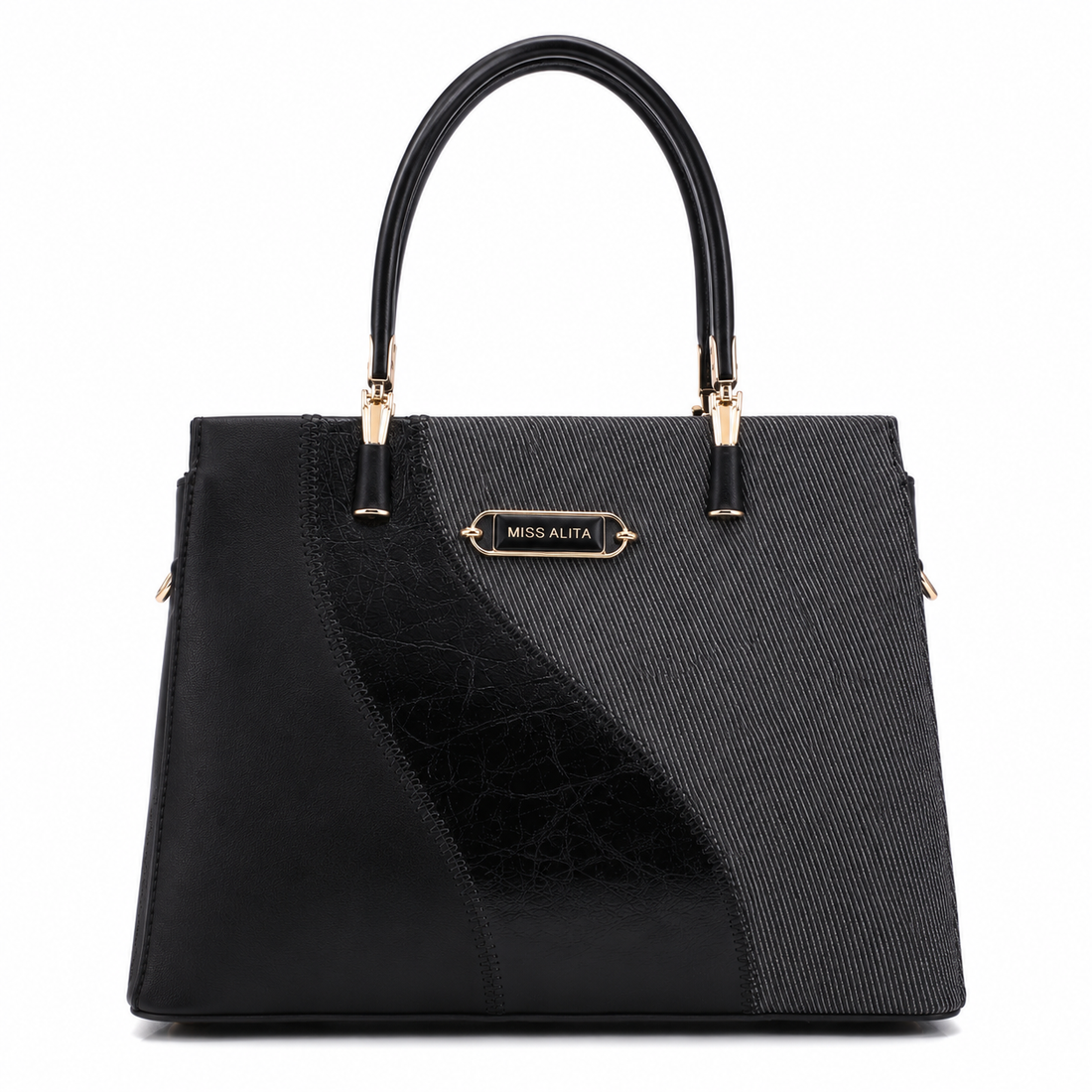MISS ALITA black structured tote handbag with textured fabric panel, gold-tone hardware, and dual top handles on a white background.