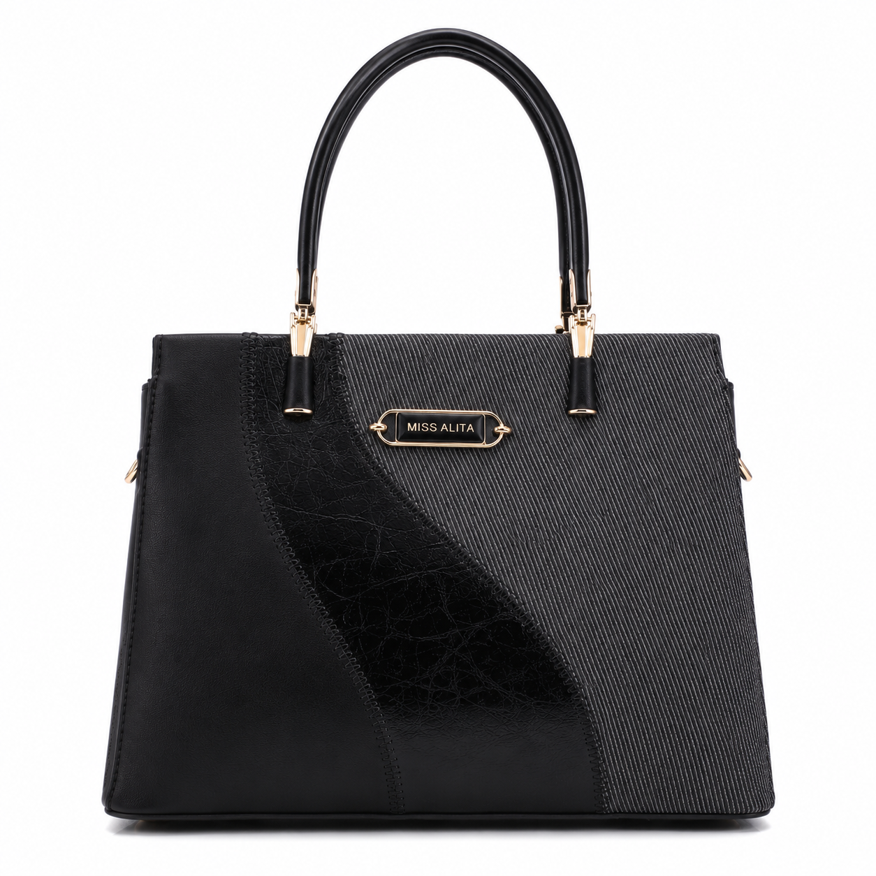 MISS ALITA black structured tote handbag with textured fabric panel, gold-tone hardware, and dual top handles on a white background.