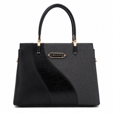 MISS ALITA black structured tote handbag with textured fabric panel, gold-tone hardware, and dual top handles on a white background.