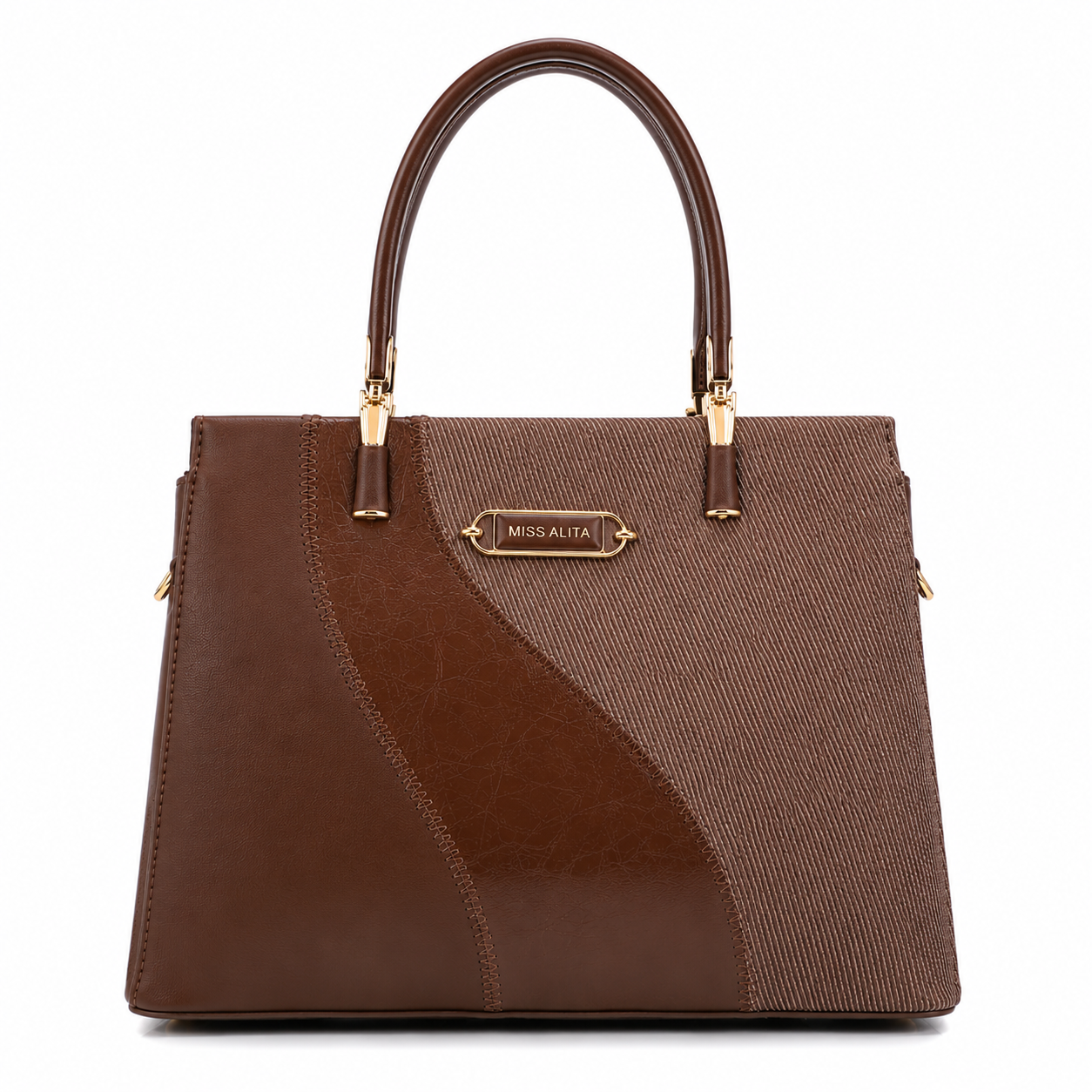 MISS ALITA brown structured tote handbag with textured fabric panel, gold-tone hardware, and dual top handles on a white background.