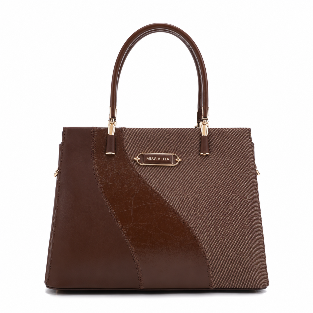 MISS ALITA dark brown structured tote handbag with textured fabric panel, gold-tone hardware, and dual top handles on a white background.