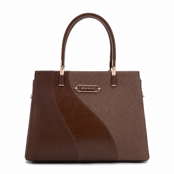 MISS ALITA dark brown structured tote handbag with textured fabric panel, gold-tone hardware, and dual top handles on a white background.