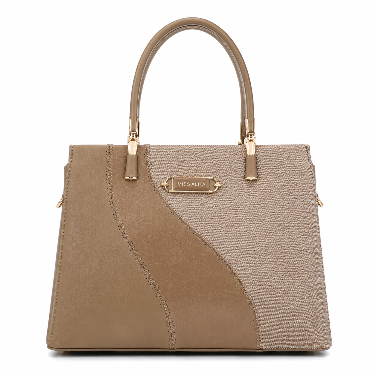 MISS ALITA khaki structured tote handbag with textured fabric panel, gold-tone hardware, and dual top handles on a white background.