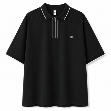 Men’s Zip Collar Oversized Polo T-Shirt – Black