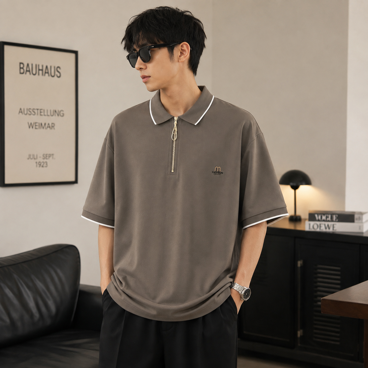 Men’s Zip Collar Oversized Polo T-Shirt – Taupe