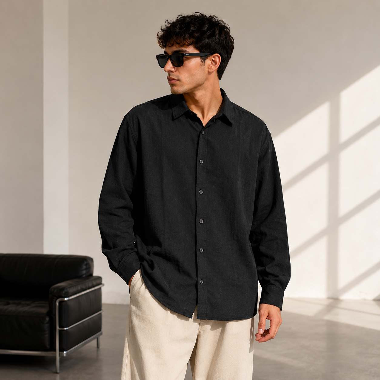 Men’s Long Sleeve Button-Up Shirt – Black
