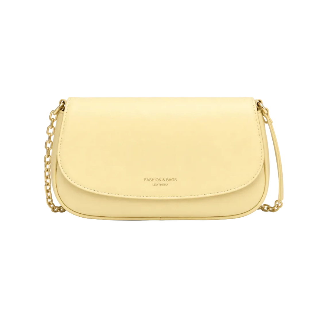 Front view of a light yellow minimalist chain shoulder bag with a smooth leather-look finish, photographed in a professional studio on a clean white background.