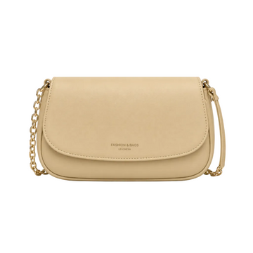 Front view of a beige minimalist chain shoulder bag with a smooth leather-look finish, photographed in a professional studio on a clean white background.