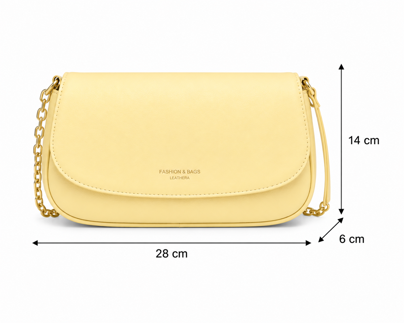 Front view of a light yellow minimalist chain shoulder bag with a smooth leather-look finish, photographed in a professional studio on a clean white background.