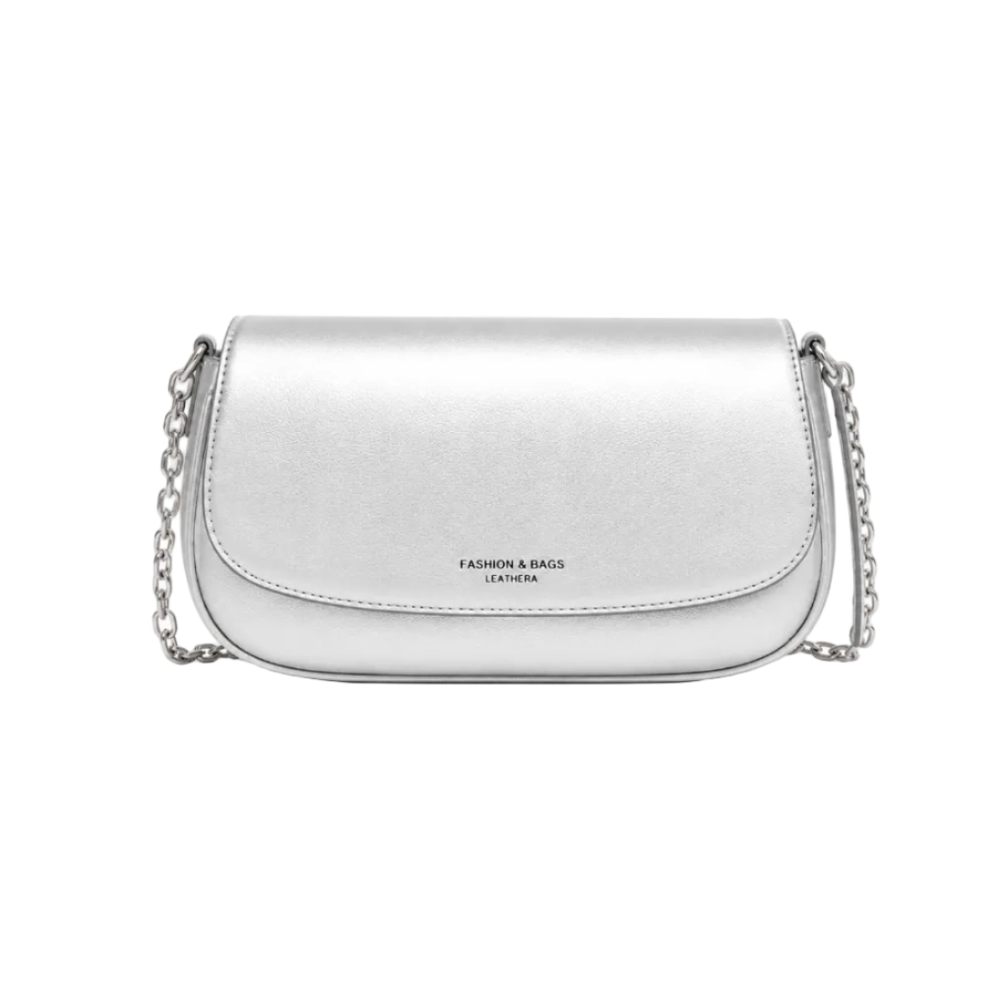 A silver metallic leather shoulder bag with a curved flap and a silver chain strap, featuring the text 'FASHION & BAGS LEATHERA' on the front, set against a plain white background.