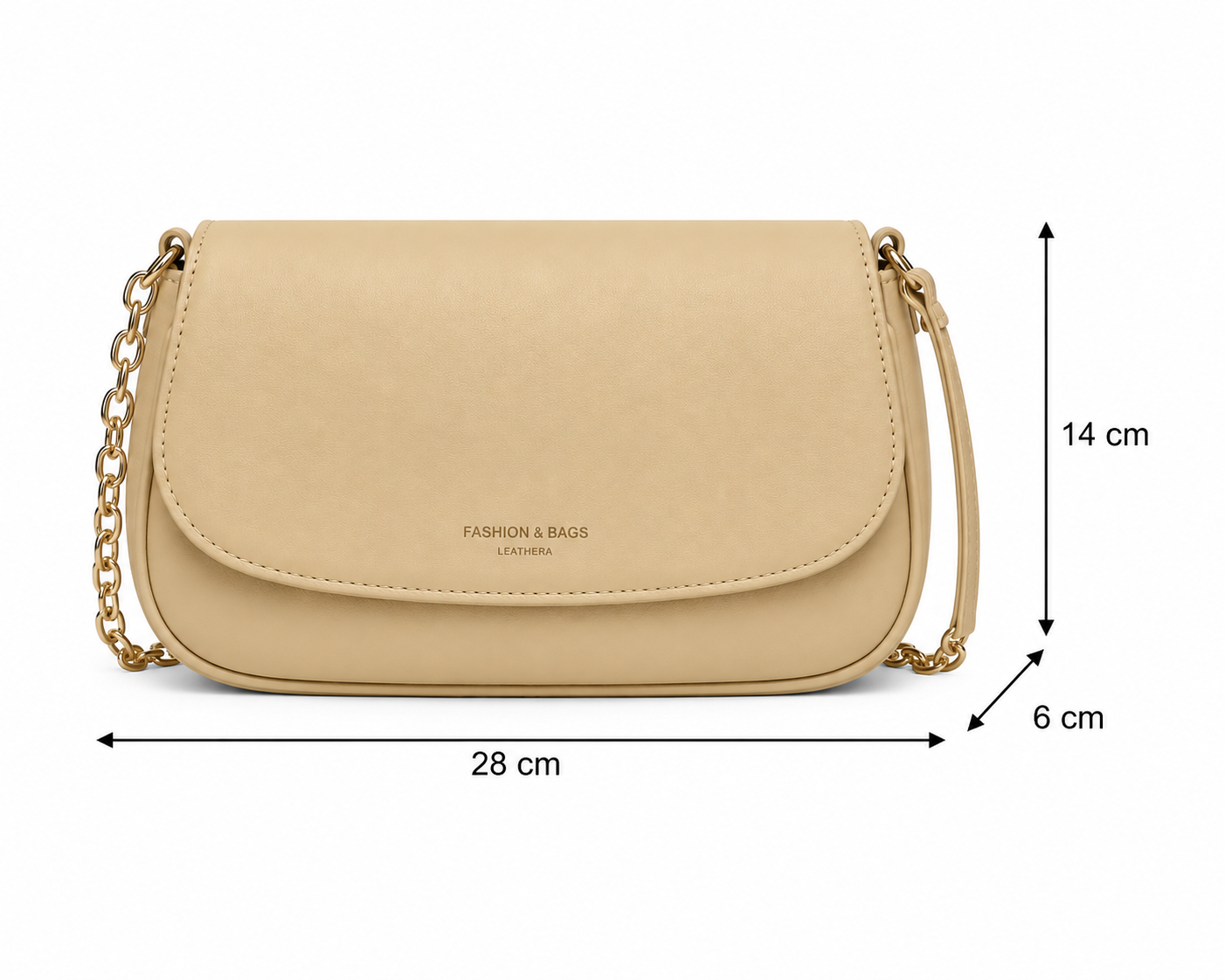 Front view of a beige minimalist chain shoulder bag with a smooth leather-look finish, photographed in a professional studio on a clean white background.