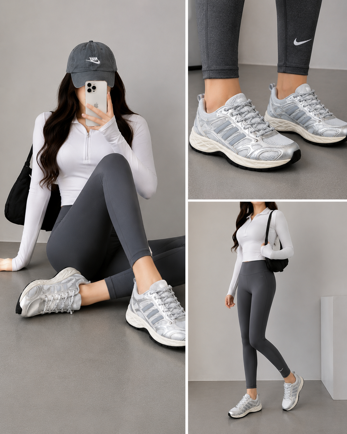 Women's running sneakers in white and silver with gray side stripes, breathable mesh upper, cushioned sole, and lace-up closure.