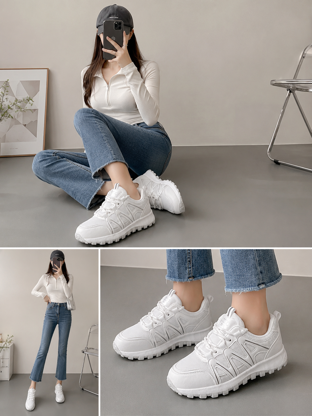 A pair of white athletic sneakers with textured mesh panels and geometric side overlays, displayed on a clean white background.