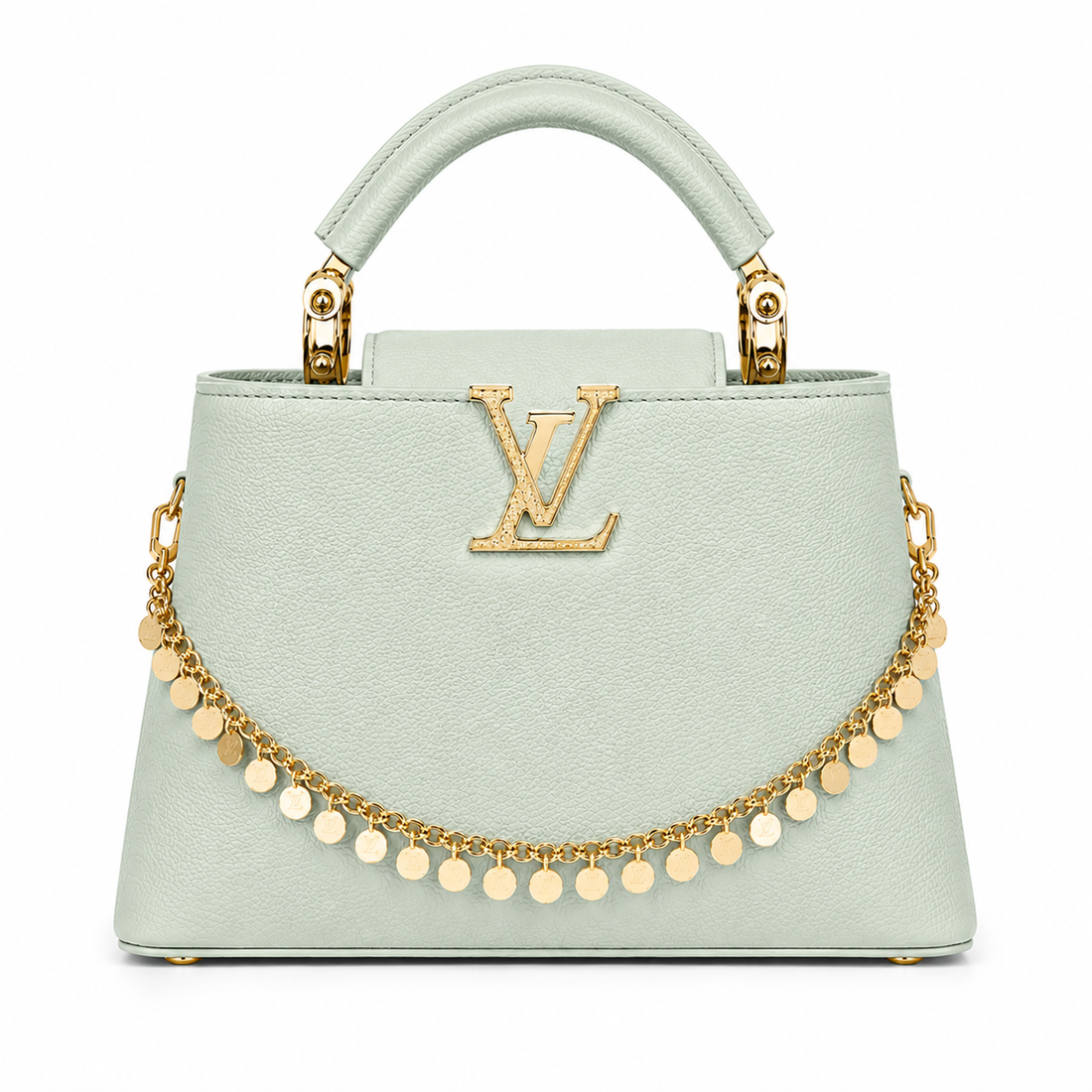 Louis Vuitton Capucines small mint leather handbag with gold LV logo, decorative gold charm chain, structured top handle, and elegant luxury designer style.