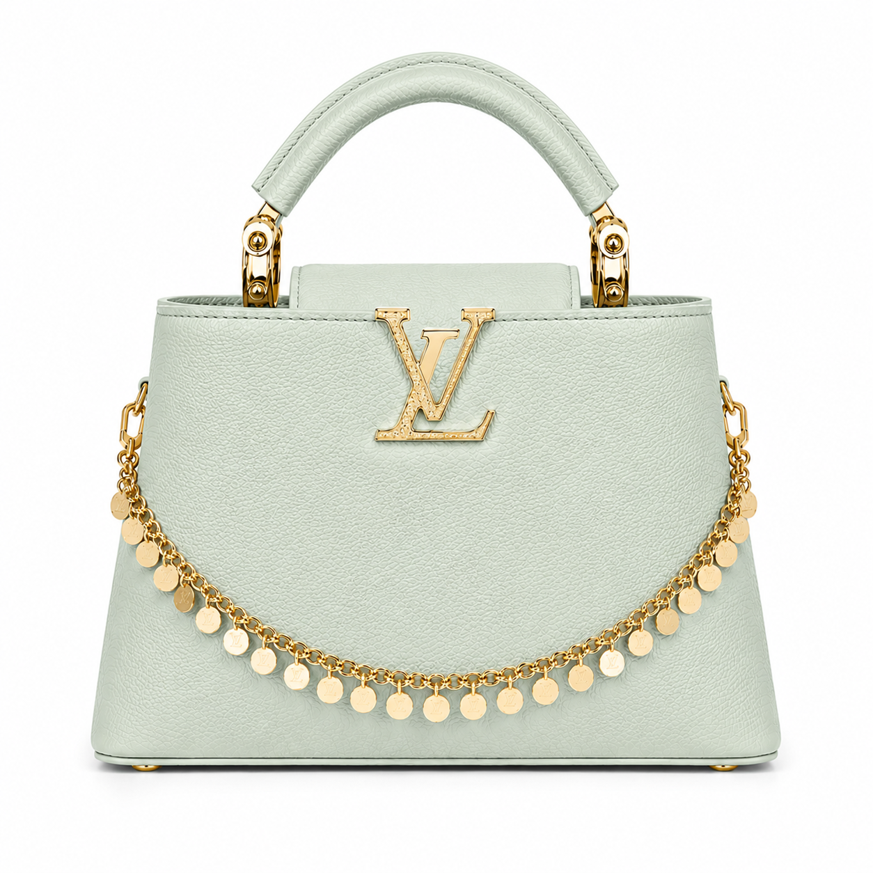 Louis Vuitton Capucines small mint leather handbag with gold LV logo, decorative gold charm chain, structured top handle, and elegant luxury designer style.