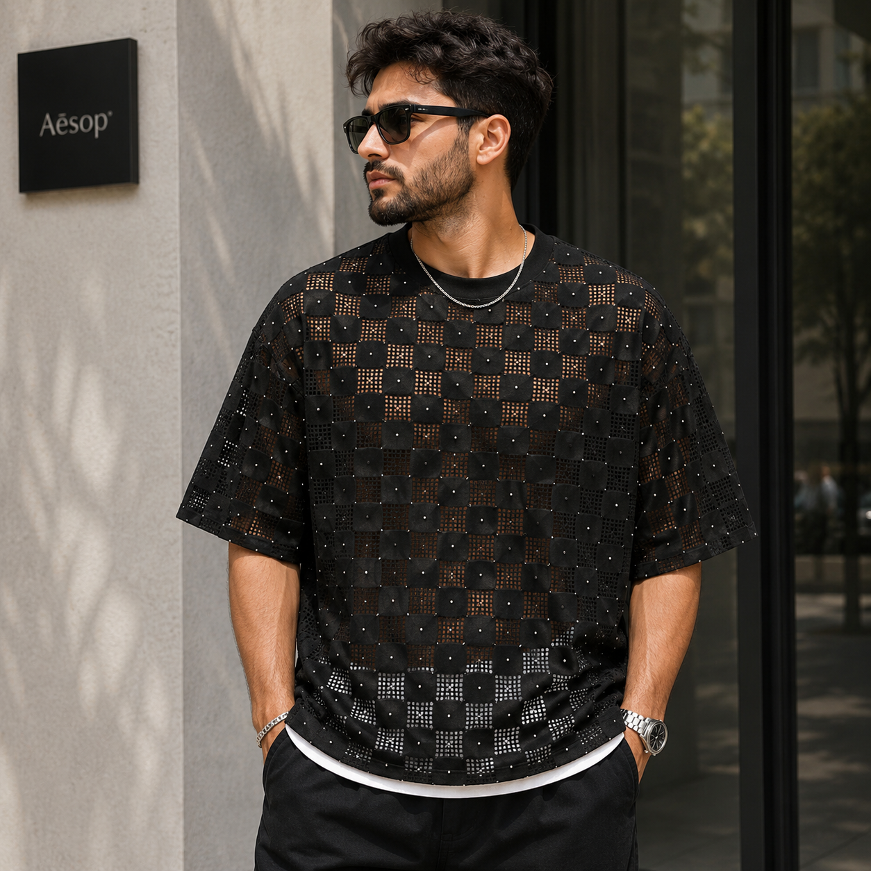Men’s Perforated Rhinestone Checkered T-Shirt – Black