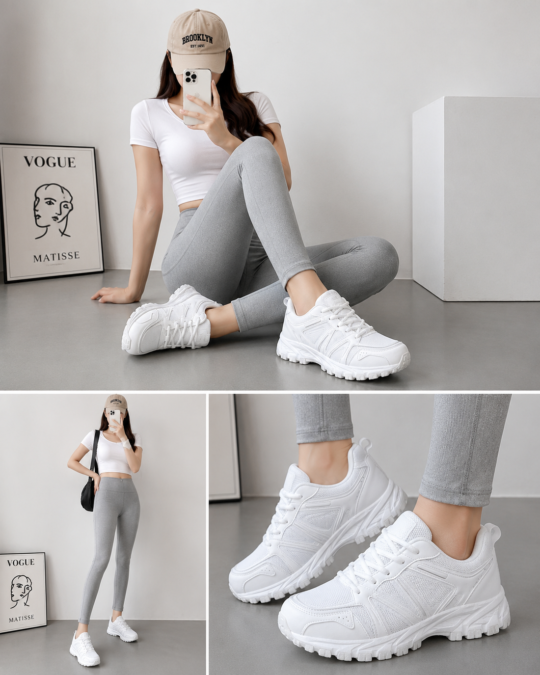 A pair of white athletic sneakers with white laces and thick white soles, shown from a three-quarters angle on a clean white background.