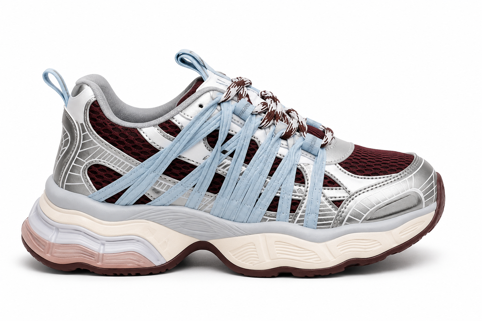 Women's Silver Chunky Sneakers with Burgundy Mesh & Sky Blue Straps