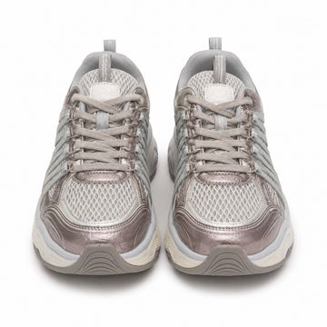 Front view of women's chunky sneakers in white mesh with gray straps and pink glitter metallic overlays.