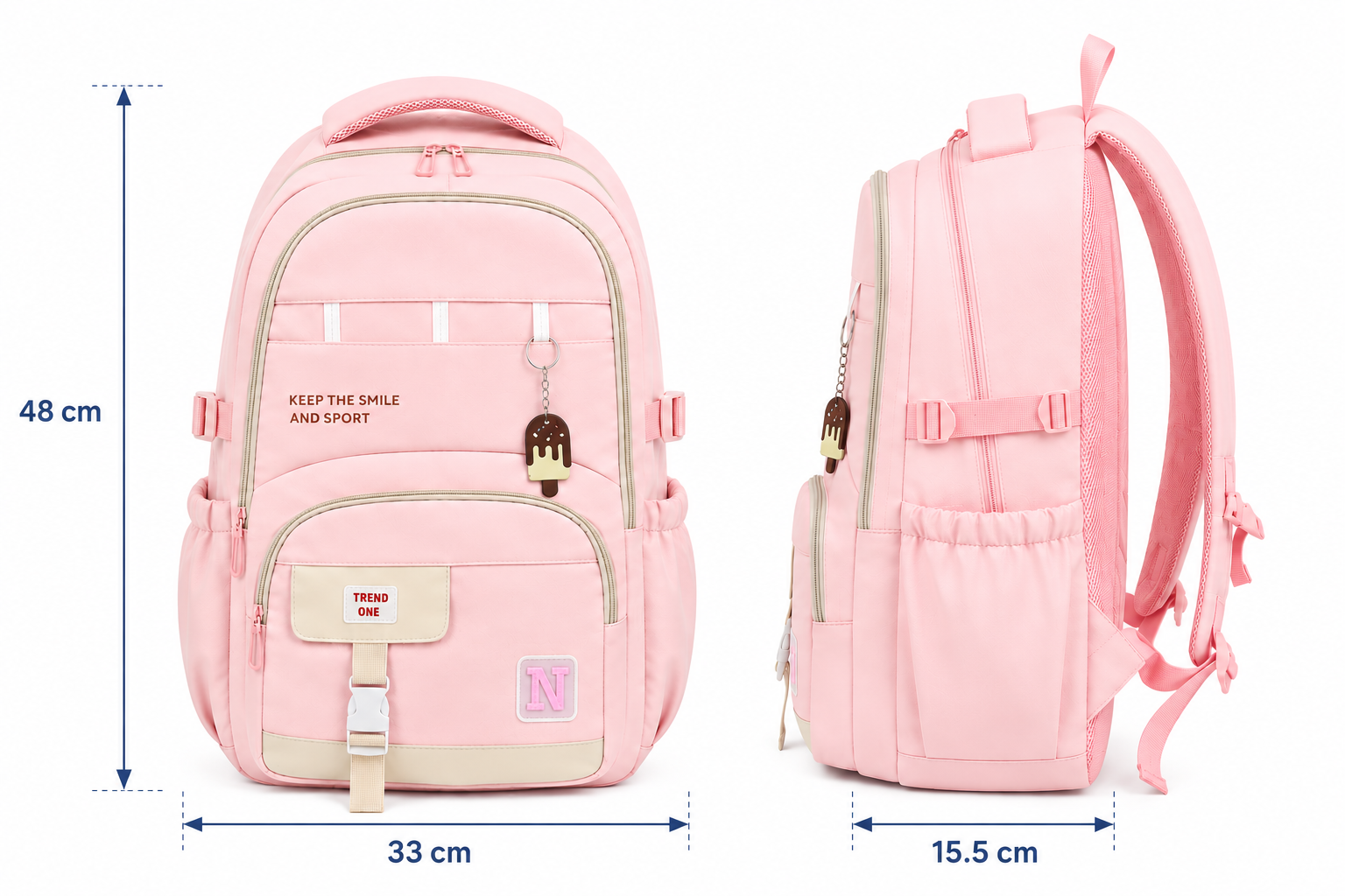 Pastel Pink School Backpack with Ice Cream Charm