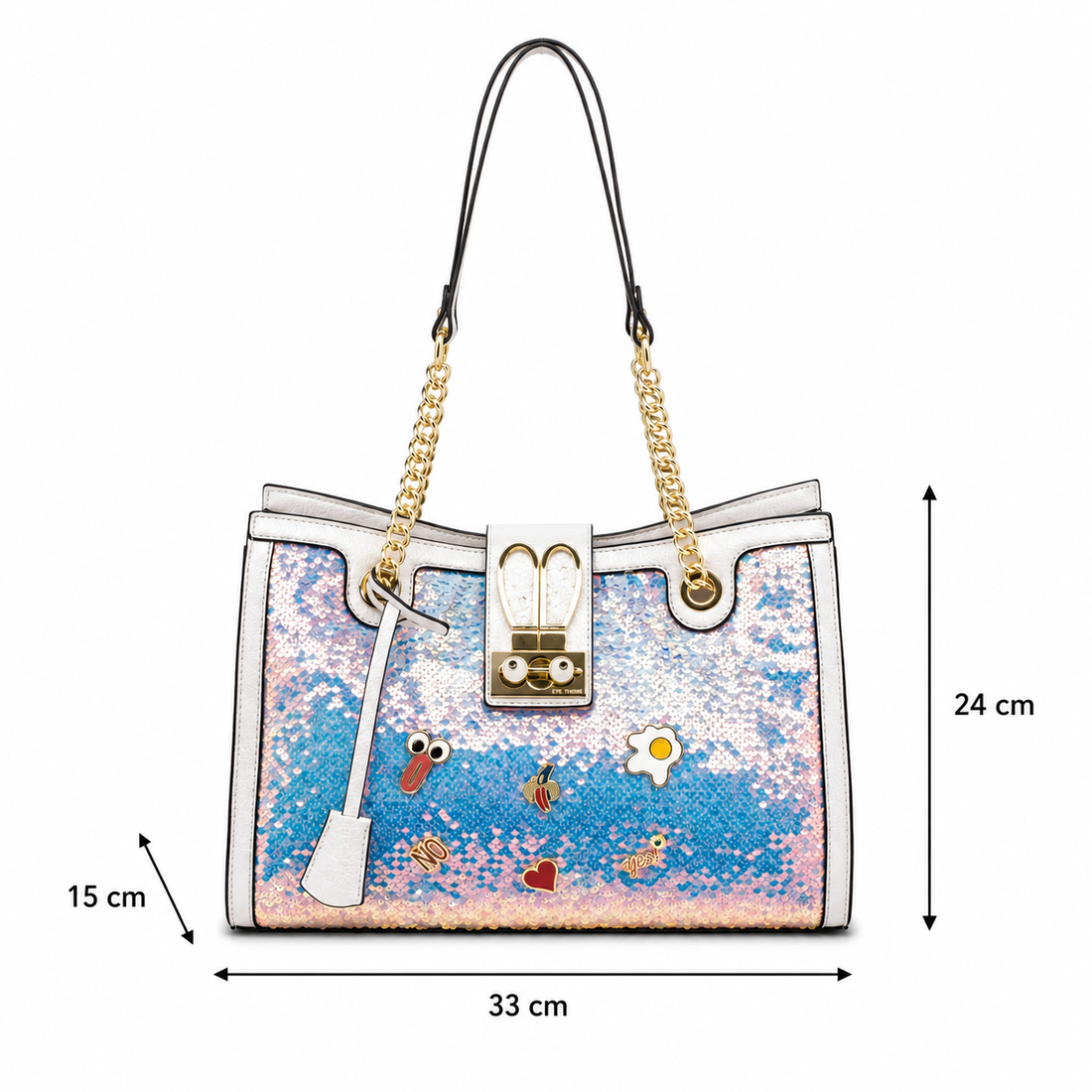 Pastel blue, pink, and white sequin tote bag with white trim, gold chain handles, decorative charms, and structured silhouette on a white studio background.