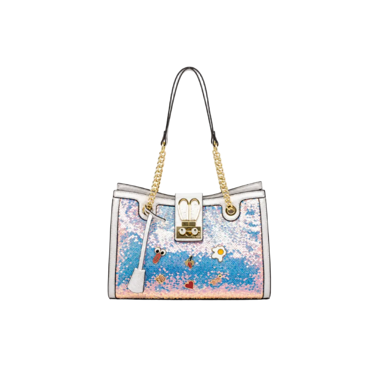 Pastel blue, pink, and white sequin tote bag with white trim, gold chain handles, decorative charms, and structured silhouette on a white studio background.