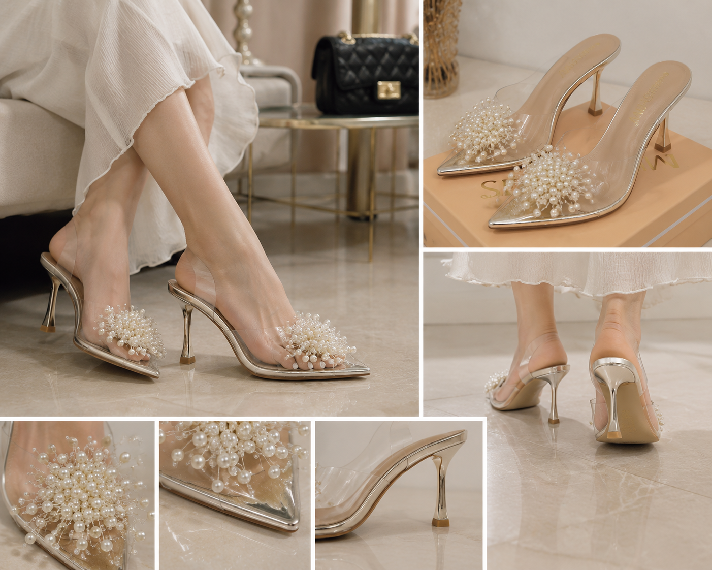 Pearl Embellished Transparent Pointed-Toe Heels
